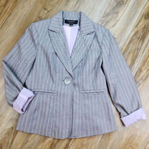 🐞Signature by Larry Levine Gray & Pink Pinstripe Blazer Size 10 - Picture 3 of 15